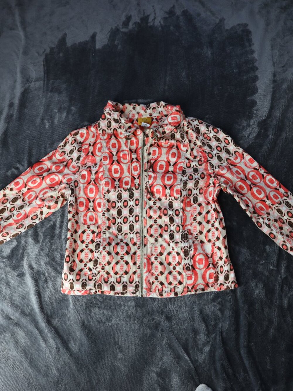 Ruby Rd. Retro Geometric Zip up Jacket,Orange Brown Cream Size Medium